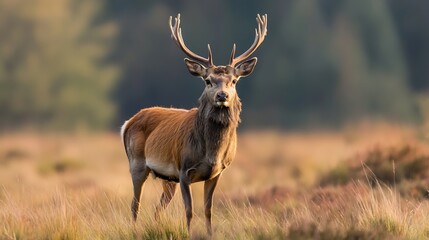 Poster - Majestic stag roaming through a meadow with golden grass under warm sunlight : Generative AI