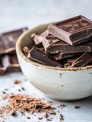 Aufkleber - Delicious dark chocolate pieces stacked in a rustic bowl showcasing tempting gourmet treat : Generative AI