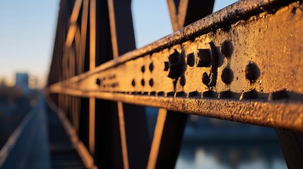Poster - Closeup view of weathered metal bridge structure highlighting intricate textures and patterns in golden light : Generative AI