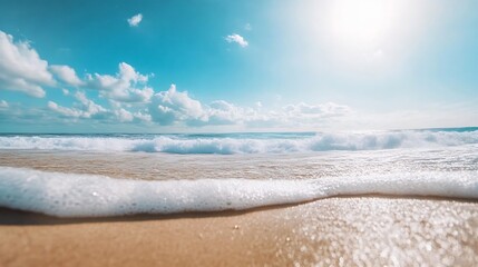 Aufkleber - Serene Beach Scene at Sunset with Gentle Waves Lapping the Golden Sand Under a Bright Sky : Generative AI