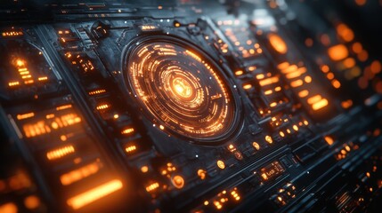 Futuristic Sci Fi Technology Interface Glowing Orange Digital Panel Close up