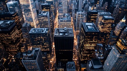 Poster - Aerial cityscape view of a vibrant urban skyline sparkling with evening lights and modern buildings : Generative AI