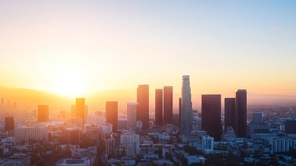 Poster - Urban skyline silhouette at sunset with vibrant colors illuminating the silhouette of skyscrapers in Los Angeles : Generative AI