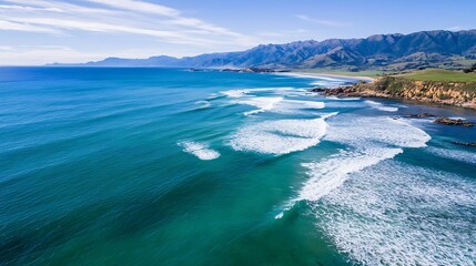 Aufkleber - Breathtaking aerial view of a tranquil ocean meeting the mountains with waves : Generative AI