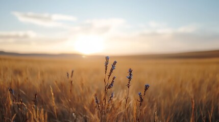 Poster - Golden Field of Tall Grass Bathed in Warm Sunlight Under Clear Blue Sky at Dusk During Golden Hour : Generative AI