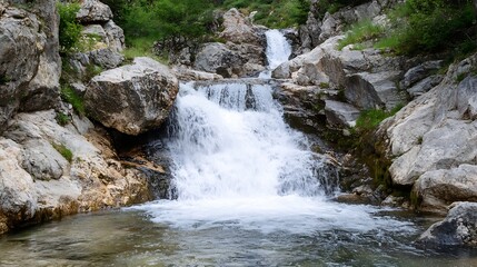 Poster - Refreshing image of a beautiful cascading waterfall surrounded by rugged rocks and lush greenery : Generative AI