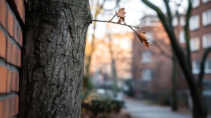 Fototapete - Urban scene featuring a tree growing from a wall highlighting resilience and the beauty of nature in the city : Generative AI