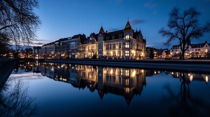 Fototapete - Elegant Historical Building Reflected in Calm Water Under the Evening Sky at Dusk : Generative AI