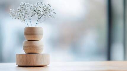 Poster - Elegant Arrangement of Wooden Pots with Delicate Flowers in Modern Setting : Generative AI