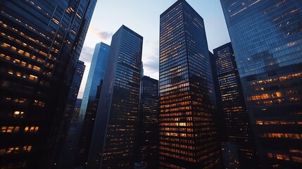 Aufkleber - Stunning nighttime view of towering skyscrapers with illuminated windows reflecting the urban skyline : Generative AI