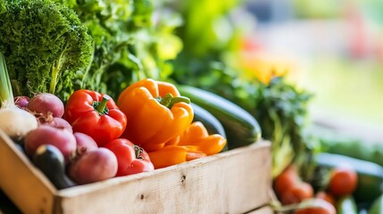 Poster - Fresh organic vegetables displayed in a wooden crate showcasing healthy eating and sustainable living : Generative AI