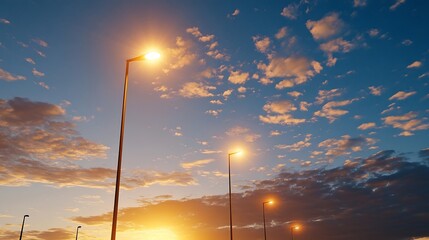 Aufkleber - Street lamps illuminating the evening sky during a beautiful sunset : Generative AI