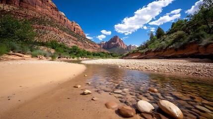 Poster - Beautiful red rock formations with lush greenery and clear stream under bright blue skies and soft clouds : Generative AI