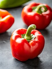 Poster - Three ripe and glossy red bell peppers on a dark kitchen surface highlighting freshness : Generative AI
