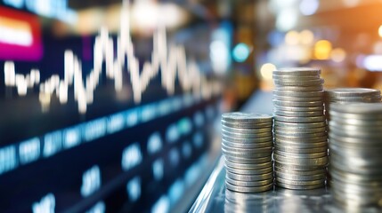 Aufkleber - Stacks of coins reflecting market trends on a blurred financial graph background representing investment : Generative AI