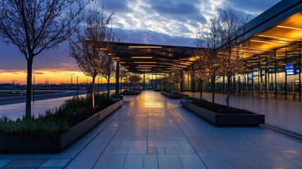 Poster - Modern airport terminal designed with sleek architecture featuring bright lights and beautiful landscaping : Generative AI