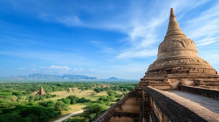Aufkleber - Stunning panoramic view of ancient Bagan temple surrounded by lush green landscape and vibrant blue sky : Generative AI