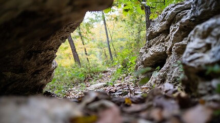 Leinwandbilder - Vibrant autumn forest viewed from a rocky crevice offering a glimpse into nature's beauty : Generative AI