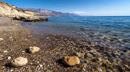 Aufkleber - Idyllic Scenic View of Pebble Beach with Clear Water and Rocky Coastline : Generative AI