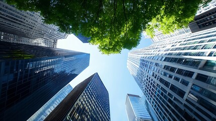 Fototapete - Looking up at towering skyscrapers surrounded by vibrant green foliage under a clear sky : Generative AI