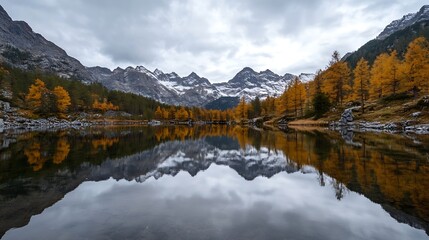 Poster - Stunning landscape of mountains reflecting in a serene lake surrounded by vibrant autumn trees : Generative AI
