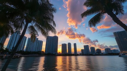 Poster - Vibrant sunset over urban skyline with colorful clouds and palm trees reflecting on water : Generative AI