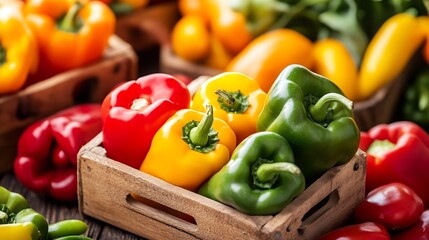 Poster - Fresh colorful bell peppers in wooden basket showcasing a vibrant harvest of vegetables : Generative AI