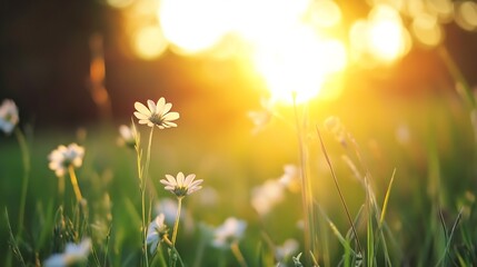 Aufkleber - Beautiful Wildflowers in a Lush Green Field Glowing Under the Warm Sunset Light : Generative AI