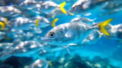 Poster - Vibrant School of Fish Swimming Gracefully Under Crystal Clear Water : Generative AI