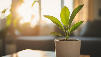 Aufkleber - Thriving Green Houseplant in Pot Illuminated by Warm Sunlight Streaming Through the Window : Generative AI