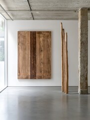 Aufkleber - Minimalist art installation featuring wooden panels and natural pillars displayed in a bright modern gallery space : Generative AI