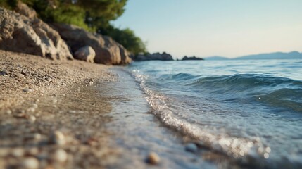 Aufkleber - Tranquil shoreline with gentle waves lapping at the sandy beach during golden hour : Generative AI