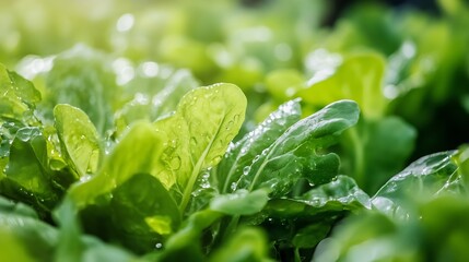 Aufkleber - Fresh green lettuce leaves glistening with water droplets showcasing vibrant colors in natural light : Generative AI
