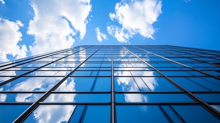 Fototapete - Modern glass skyscraper reflecting the blue sky and fluffy clouds creating a dazzling cityscape : Generative AI