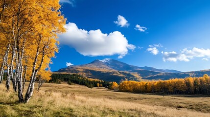 Poster - Vibrant Autumn Landscape with Golden Trees and SnowCapped Mountain Under a Clear Blue Sky : Generative AI
