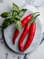 Aufkleber - Fresh Red Chili Peppers and Basil Leaves on Marble Surface for Culinary Inspiration : Generative AI