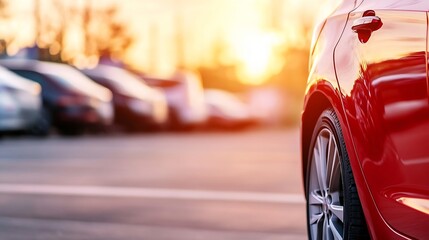 Aufkleber - Stylish red car parked against a sunset background showcasing modern automotive design : Generative AI