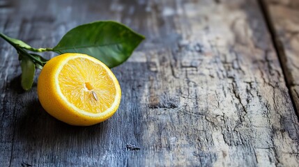 Poster - Freshly cut yellow lemon half laying on rustic wooden table with natural light highlighting its texture : Generative AI