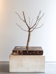 Aufkleber - Minimalist installation art featuring a bare tree on a modern pedestal : Generative AI