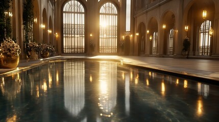 Aufkleber - Elegant interior view of luxurious swimming pool with sunlight reflecting through large windows : Generative AI