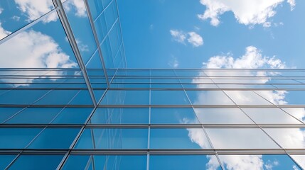 Aufkleber - Modern architectural glass facade reflecting the vibrant blue sky and fluffy clouds above : Generative AI