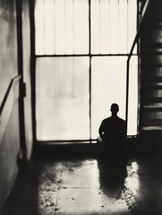 Leinwandbilder - Dark silhouette figure sitting on a floor near a large window with soft light casting shadows for a dramatic effect : Generative AI