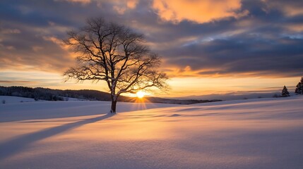 Fototapete - Stunning winter sunset with a lone tree casting long shadows over soft snow : Generative AI
