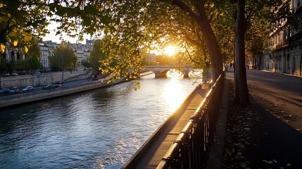 Poster - Scenic view of a riverbank in an urban setting with trees and a sunset glow in a picturesque landscape : Generative AI
