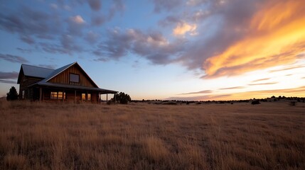 Aufkleber - Beautiful sunset over a rustic cabin in a grassy field creating a serene landscape : Generative AI