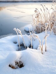 Aufkleber - Beautiful frozen landscape with snow covered plants beside serene frozen water in winter feature : Generative AI