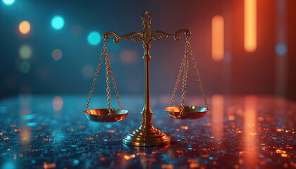 Leinwandbilder - Scales of justice on tech digital background, legal system. Law, technology, digital, AI concepts. Balance, security, privacy, governance in cyber world. Modern innovation in court. Ethical