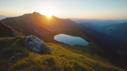 Poster - Magnificent sunrise illuminating a tranquil mountain lake surrounded by nature's serene beauty : Generative AI