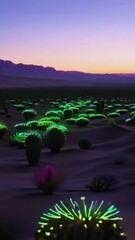 Wall Mural - vertical 9:16 a vast desert landscape stretches to the horizon, dotted with tall cacti that bloom wi