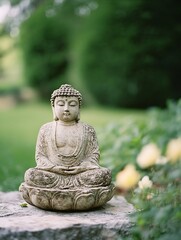 Poster - Serene Stone Buddha Statue in a Tranquil Garden Setting Surrounded by Lush Greenery : Generative AI